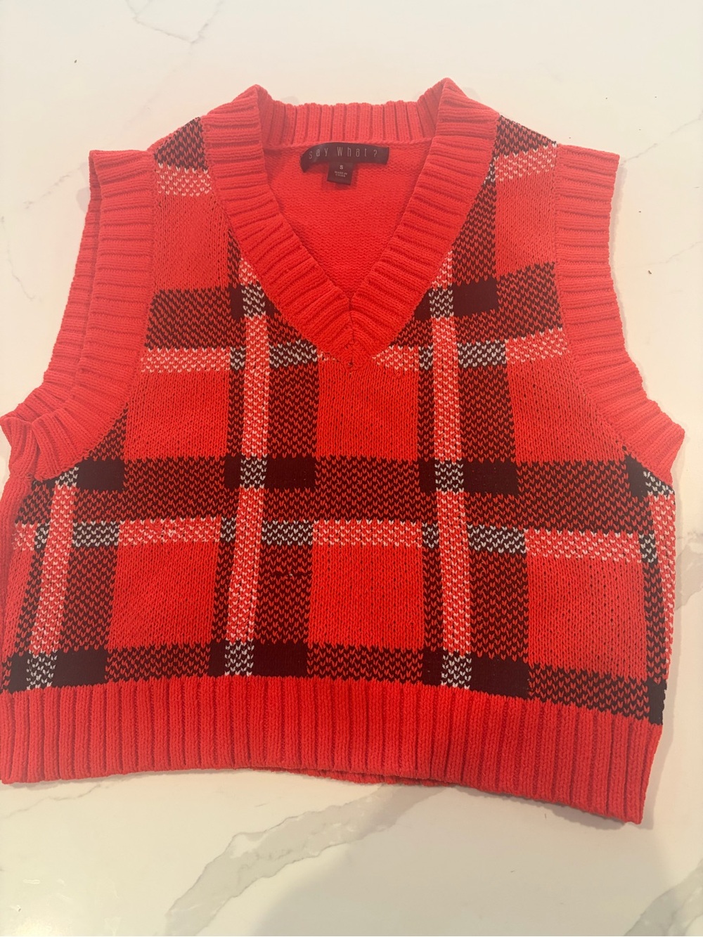 Say What? Red Plaid Knit V-Neck Crop Sweater Vest